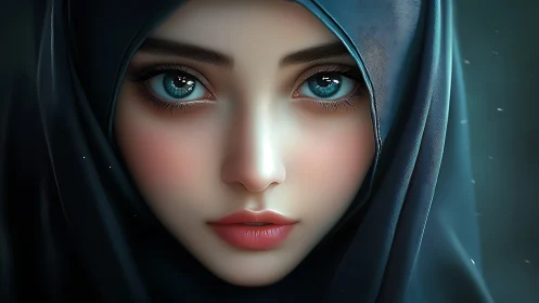 Hyperreal digital portrait renders veiled woman in cool light