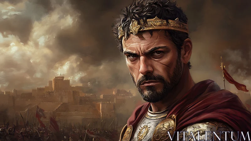 Roman commander in armor before stormy besieged city.