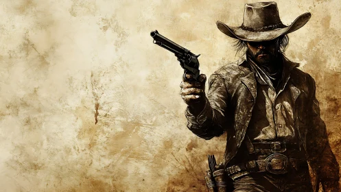 Weathered gunslinger steps from sepia dust and legend.