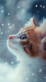 Ginger Cat Gazes Upward Into Snowy Winter Sky.