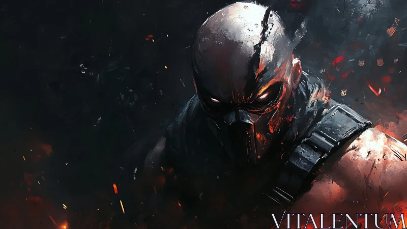 Armored masked warrior emerges from burning abstract darkness