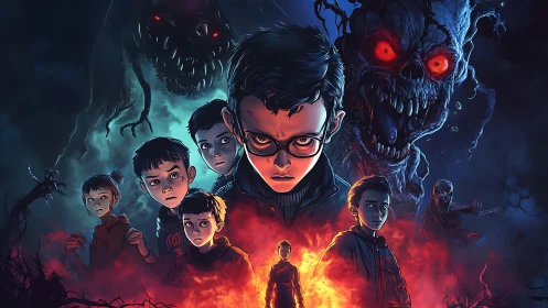 Group of youths facing monstrous figures in fiery landscape.