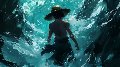 Storm-lit wanderer strides through wild teal ocean waves