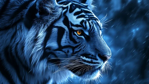 Electric midnight tiger gazes through stormlit neon rain.