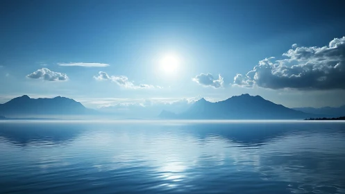 Sunlit mountain range reflected on calm blue lake surface