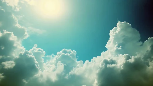 Soft-lit cumulus cloudscape under high noon sun glow.
