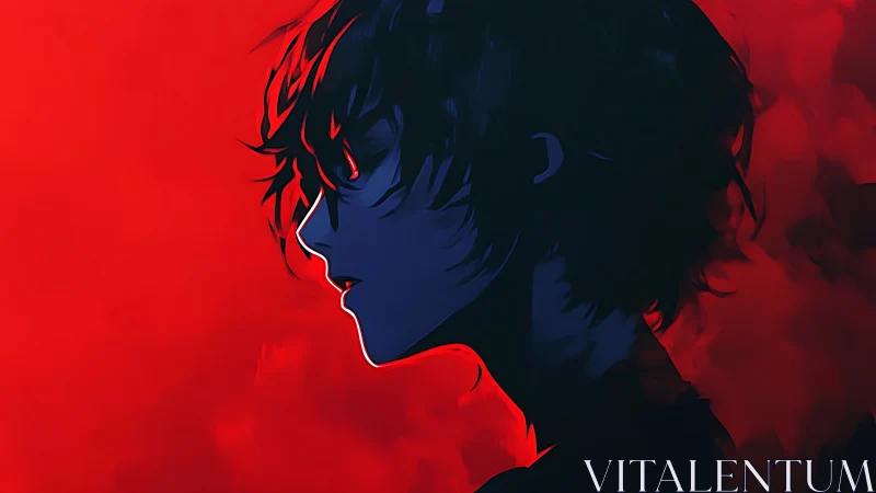 Midnight silhouette boy carved from electric crimson dusk.