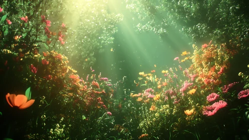 Sunlit wildflower glade with luminous green forest canopy.