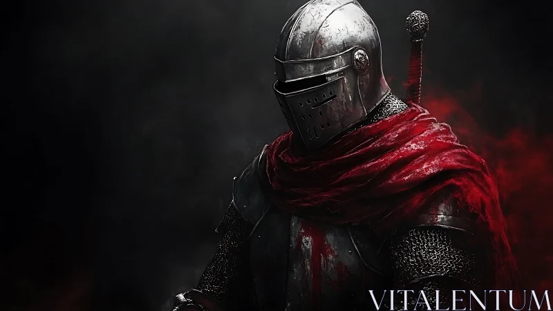 Medieval armored knight with red cloak in dark setting.