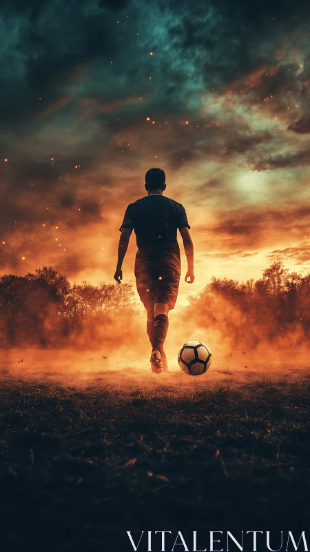 Silhouetted soccer player walking toward ball at sunset.