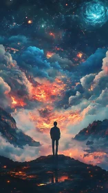 Silhouette observing luminous clouds under cosmic sky.