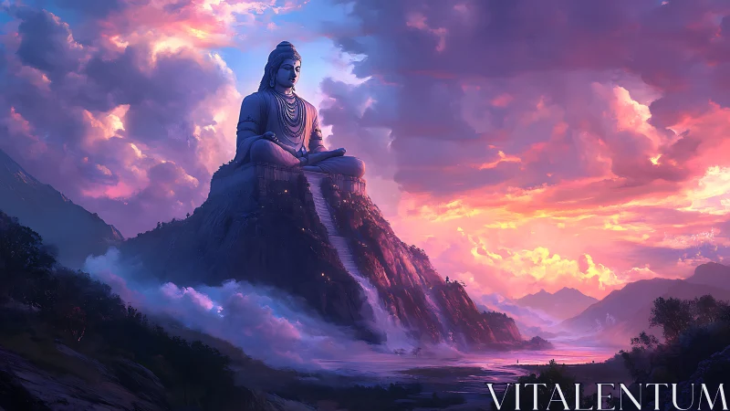 Colossal mountain statue under vivid sunset sky.