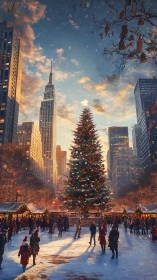 Majestic city Christmas tree glows over a festive winter plaza