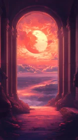 Celestial sun descends beyond ancient archway at twilight.