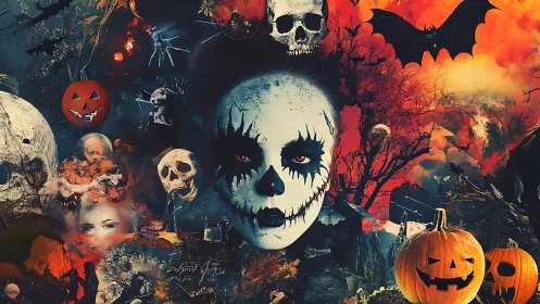 Haunted Halloween visage amid blazing pumpkins and skulls.
