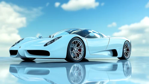 White supercar render on reflective surface under sky.
