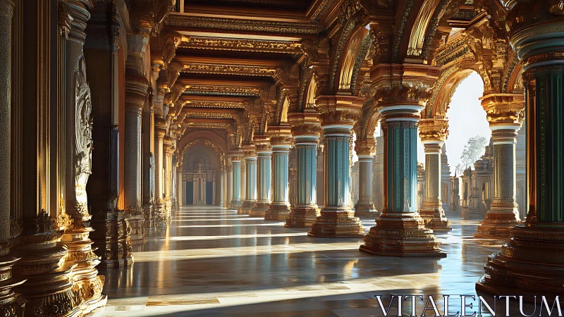 Parametric golden colonnade with volumetric daylight rendering.