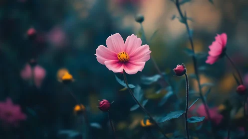 Shallow depth field isolates pink cosmos flowers with selective bokeh rendering
