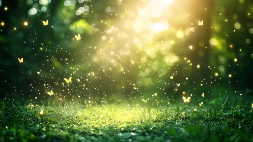 Glowing butterflies rise from sunlit forest clearing.
