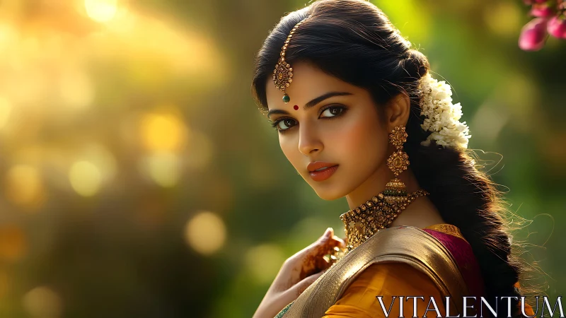 Photorealistic South Indian bride in golden hour bokeh light