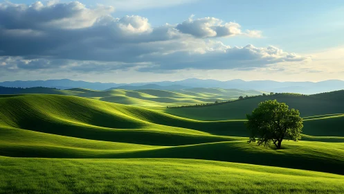 Sunlit green hills roll toward distant blue mountains.