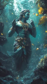 Divine underwater figure draped in gold and teal robes.