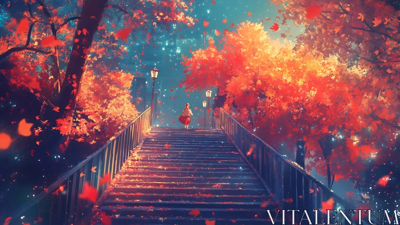 Girl climbs luminous autumn stairway under glowing lamps
