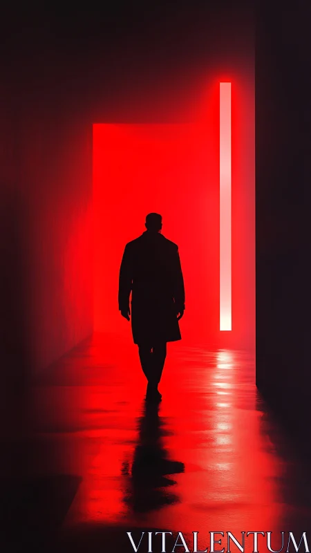 Silhouetted figure walks toward neon red portal in darkness.