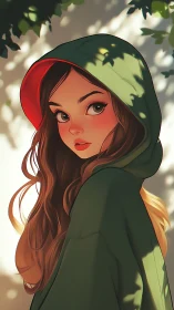 Hooded portrait under dappled foliage with soft rim lighting.