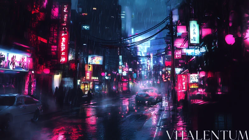 Cyberpunk neon avenue under heavy rain with reflective wet asphalt