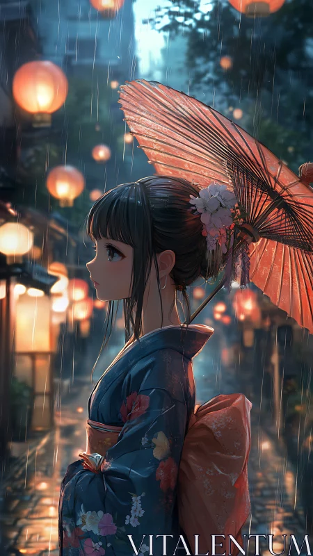 Profile view shows woman in kimono holding umbrella in rain