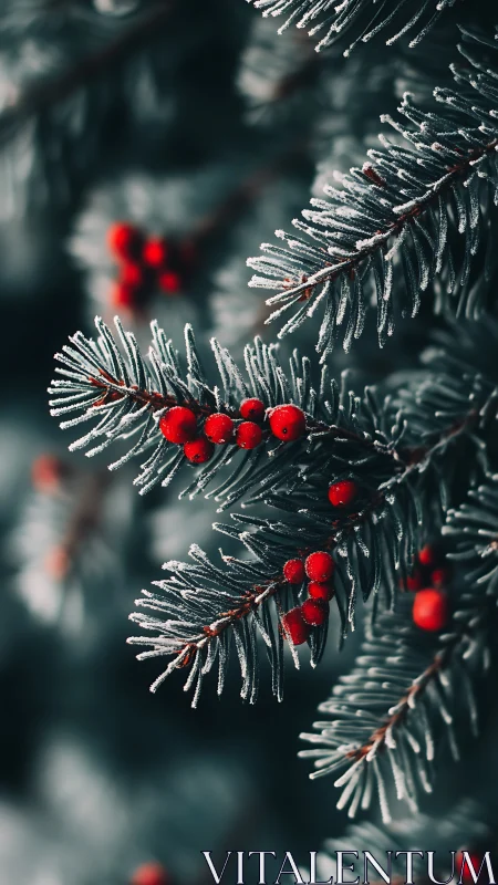 Frosted evergreen branches with clustered red berries.