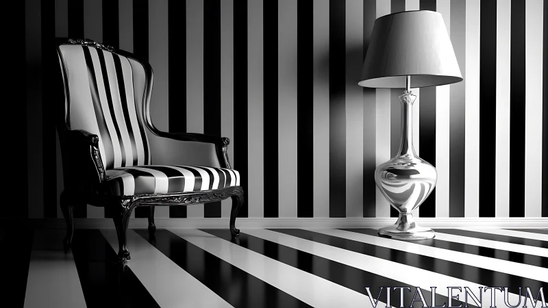 Striped black and white chair and lamp in high contrast room