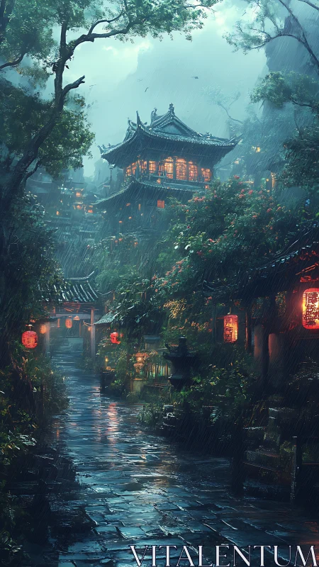 Lantern-lit rainwalk through misty mountain temple gardens.