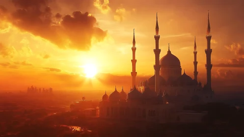 Photorealistic mosque silhouette against radiant sunset sky.