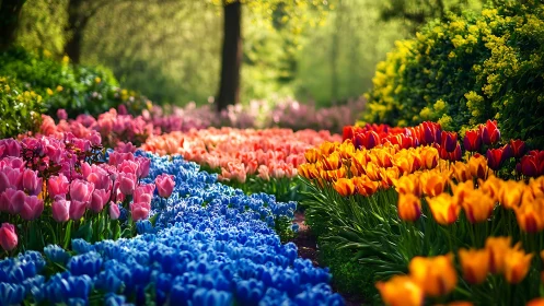 Rainbow Garden's Chromatic Dance Through Spring's Vibrant Corridor