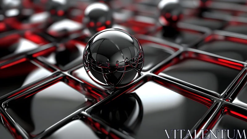Reflective chrome sphere on red-black parametric grid surface.