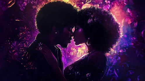 Luminescent Silhouettes: Neon-Lit Couple Amid Floral Bokeh.