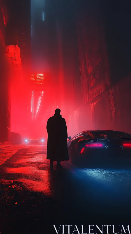 Silhouetted figure surveys neon alleyway beside cyber car
