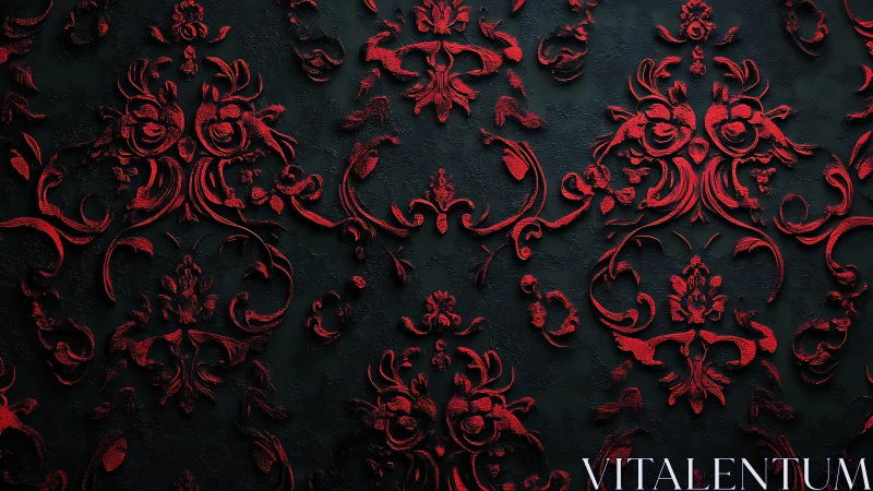 Ornate red baroque flourishes emerge from dark textured wall.