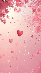 Pink Cherry Blossoms and Floating Hearts Valentine Composition