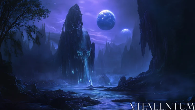 Midnight worlds drift above a glowing crystal waterfall