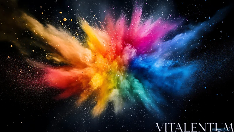 Explosive burst of rainbow powder against deep black space.