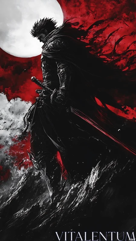 Lone dark swordsman strides beneath a bloodred moon