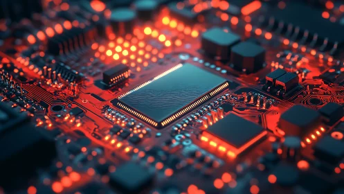 Illuminated microprocessor on dense PCB with glowing signal paths