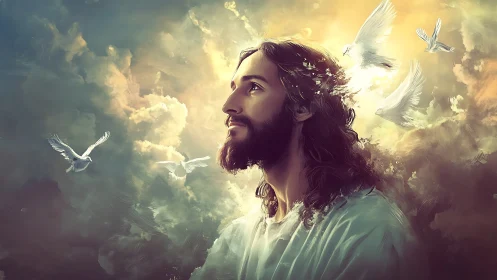 Serene bearded man with doves against glowing clouds.