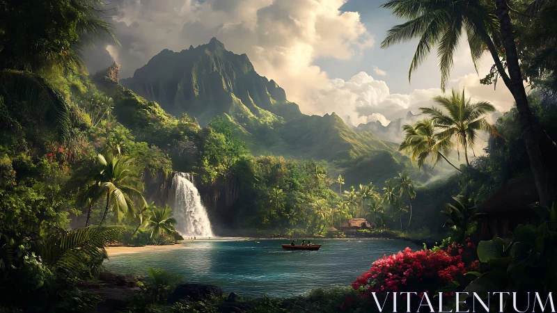 Tropical Mountain Valley with Waterfall and Boat