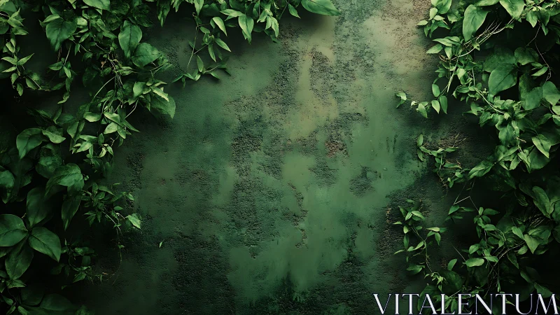 Verdant ivy framing a textured moss-green plaster wall surface