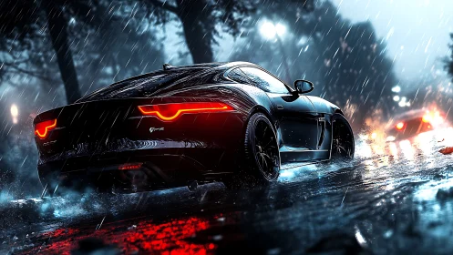 High-gloss sports coupe under dynamic rain with reflective road