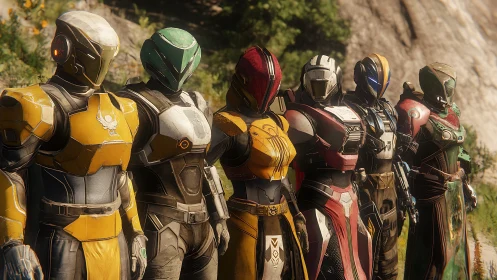Line of armored sci‑fi characters in colored exosuits outdoors.